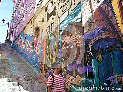 South America Chile ValparaÃ­so Valparaiso Graffiti Mural Colorful Walls Alleys Street Art Gallery Illustrations Paintings Sketch Editorial Stock Photo
